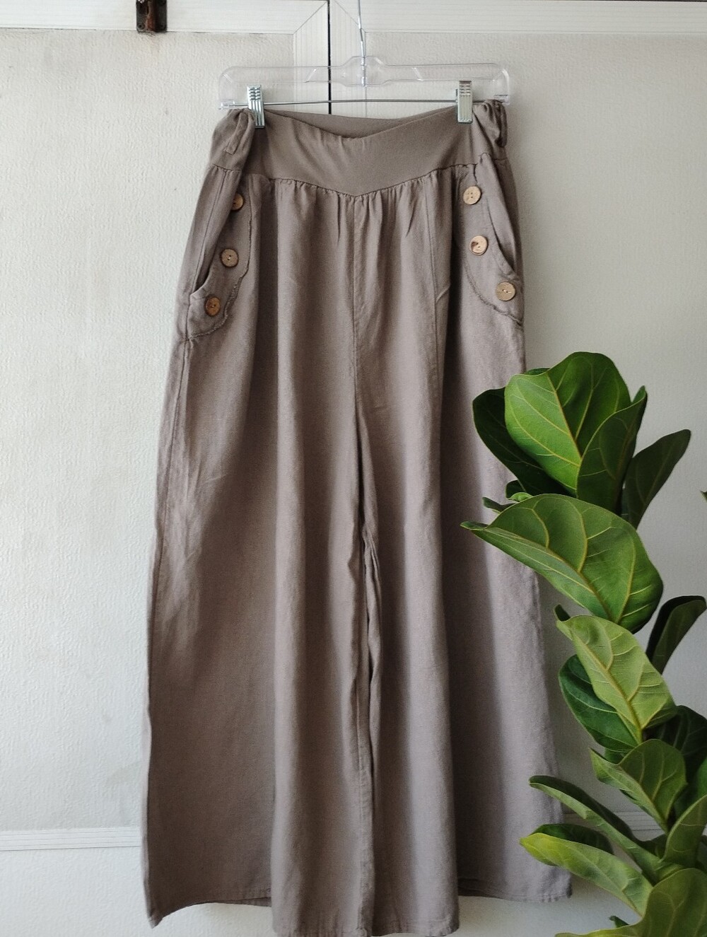 Wide Leg Button Pocket Pants - Taupe